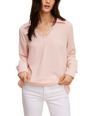SINGLE THREAD TOP WOMEN'S SIZE SMALL LACE TRIM V NECK POPOVER BLOUSE PINK NEW